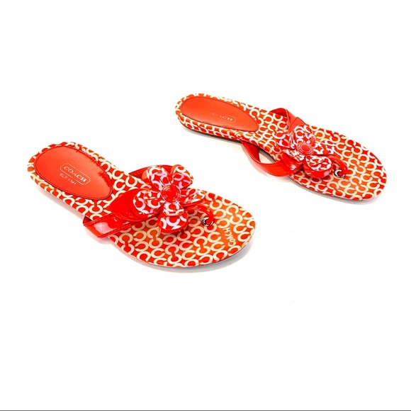 Coach Pattey Orange & Pink Logo Flip Flops w/ Flowers - Picture 3 of 12